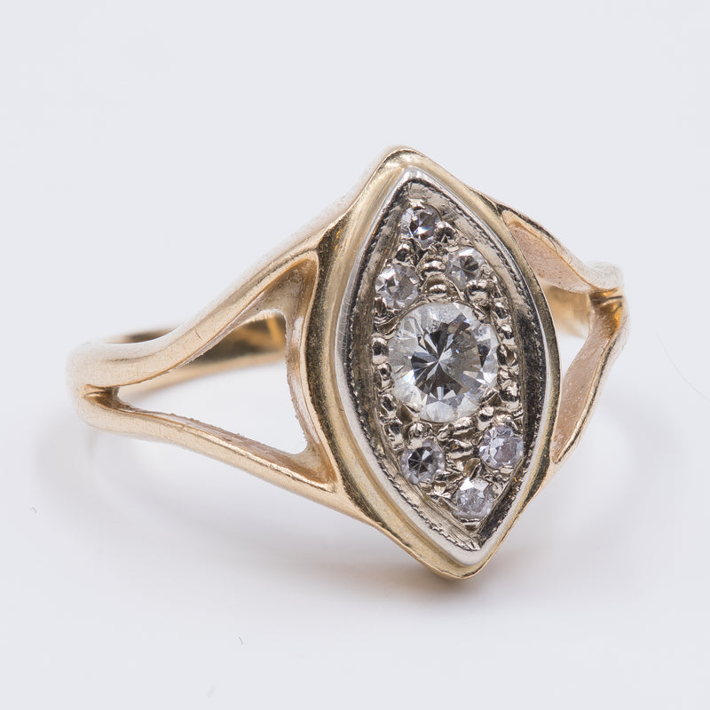 Anello vintage a navette in oro 14k con diamanti (centrale 0.20ct ca.), anni ‘60