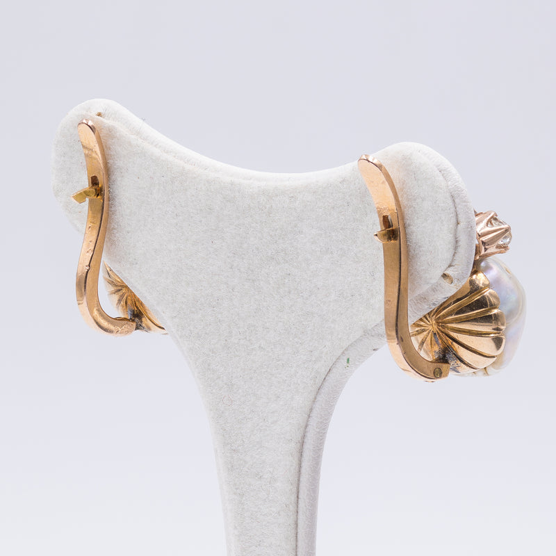 Orecchini antichi in oro 18k con perle barocche e diamanti, primi del'900