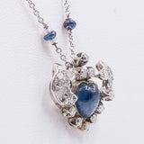 VINTAGE NECKLACE IN 18k WHITE GOLD WITH CABOCHON SAPPHIRE, BRILLIANT-CUT DIAMONDS AND OPALS IN THE CHAIN. 40S