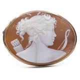 Broche antiguo de oro de 18k con camafeo que representa a Diana la Cazadora, principios del siglo XX