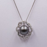 18k white gold necklace with gray pearl and diamonds, 80s