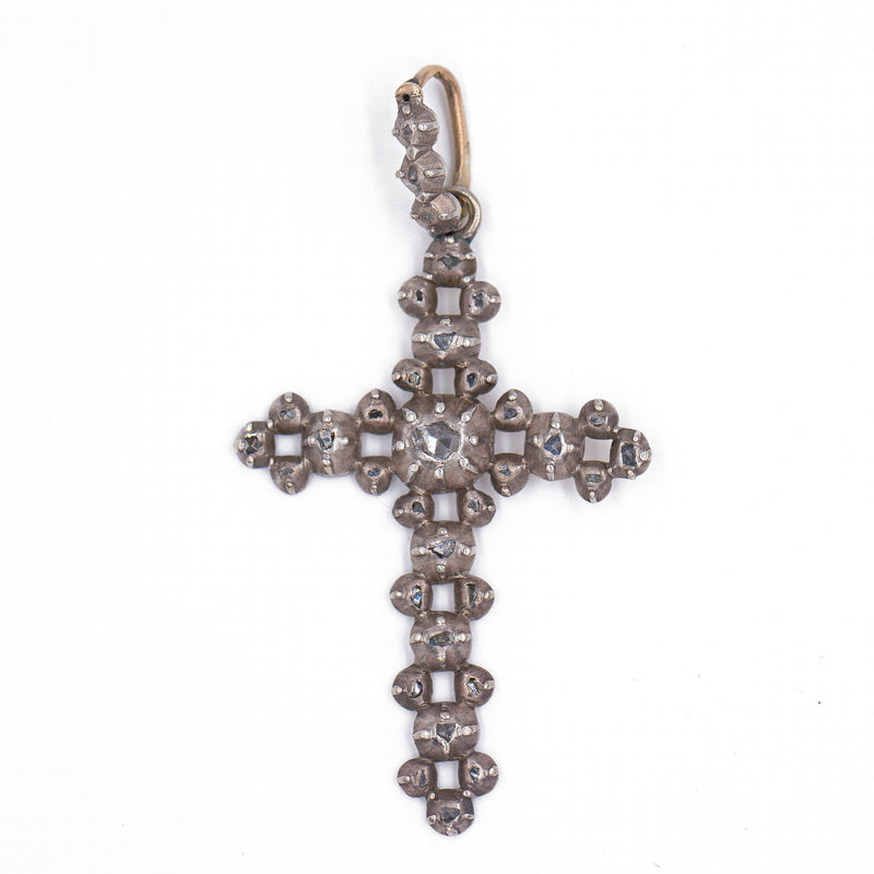Ciondolo a croce in argento con diamanti taglio rosetta, primi dell'800