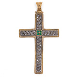 Vintage cross pendant in 14kt gold and silver with diamond and emerald rosettes, 60s