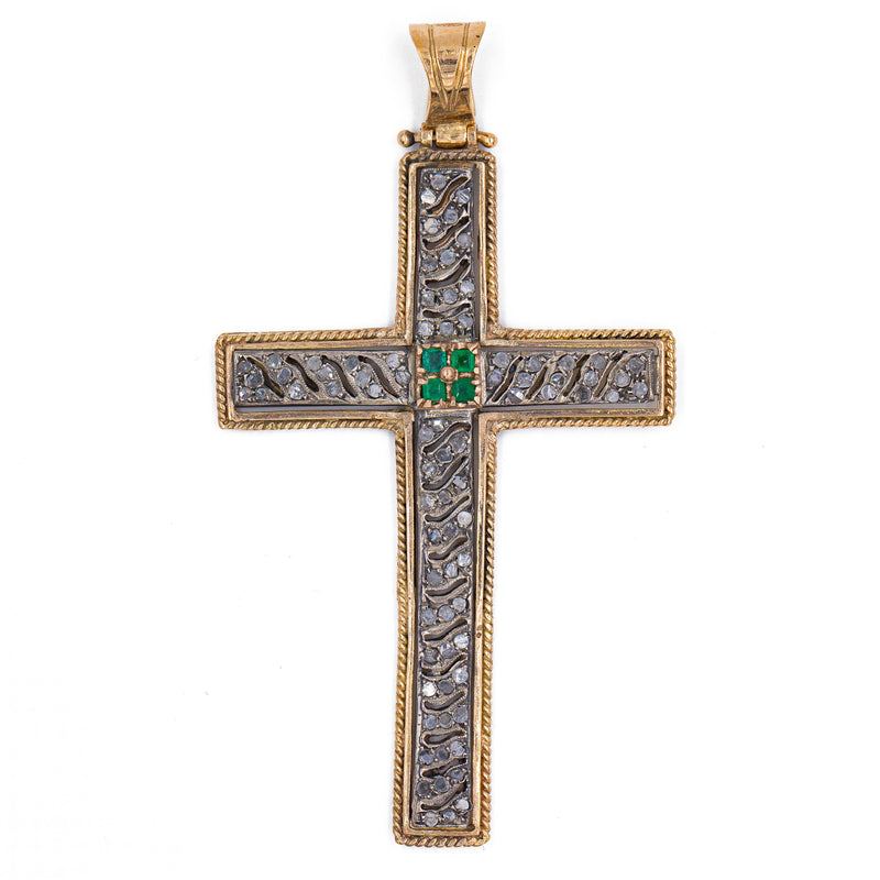 Pendentif croix vintage en or 14 carats et argent avec rosettes de diamants et d'émeraudes, 1960