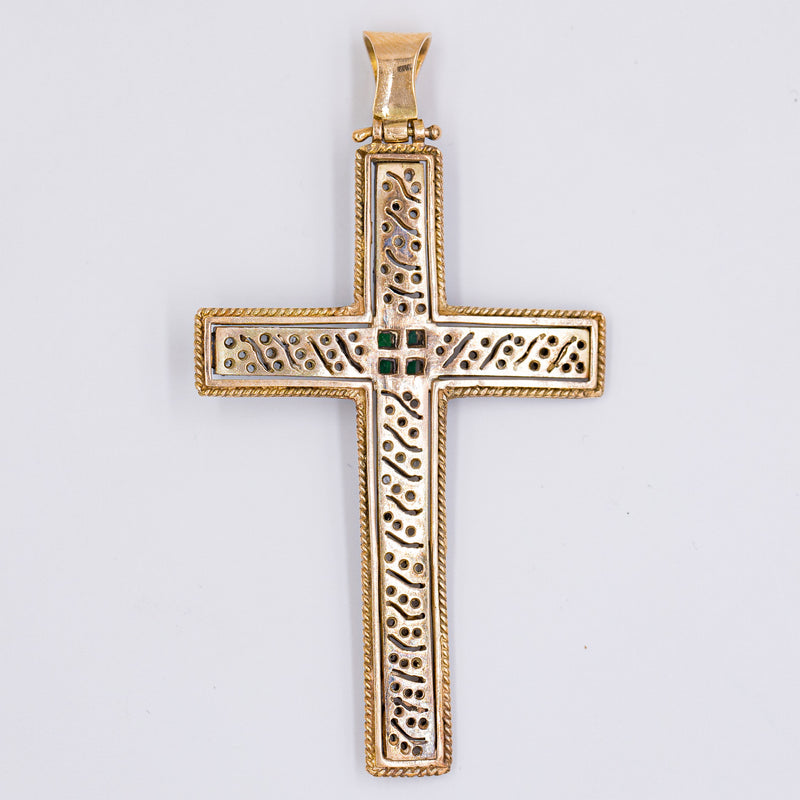 Pendentif croix vintage en or 14 carats et argent avec rosettes de diamants et d'émeraudes, 1960