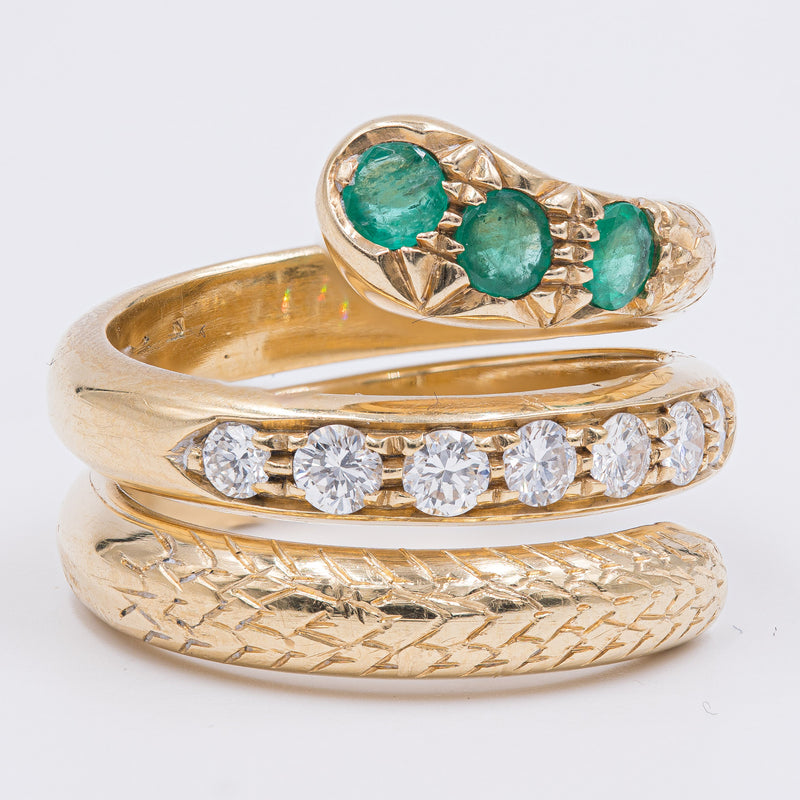 Anello vintage in oro giallo 18k a serpente con smeraldi e diamanti (0.60ctw), anni '60