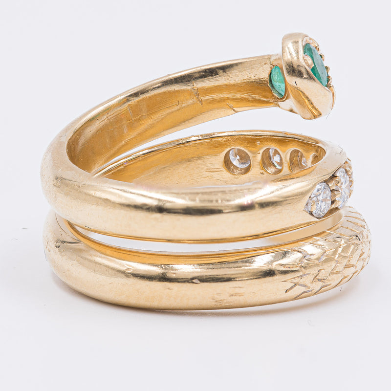 Anello vintage in oro giallo 18k a serpente con smeraldi e diamanti (0.60ctw), anni '60