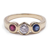 Vintage 14K gold ring with central diamond, sapphire and ruby, 60s / 70s