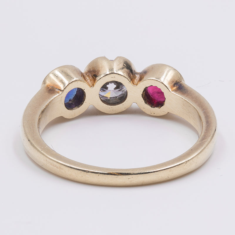 Vintage 14K gold ring with central diamond, sapphire and ruby, 60s / 70s