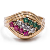 Vintage-Ring aus 18 Karat Gelbgold mit Diamanten, Rubinen und Smaragden. 60er / 70er Jahre