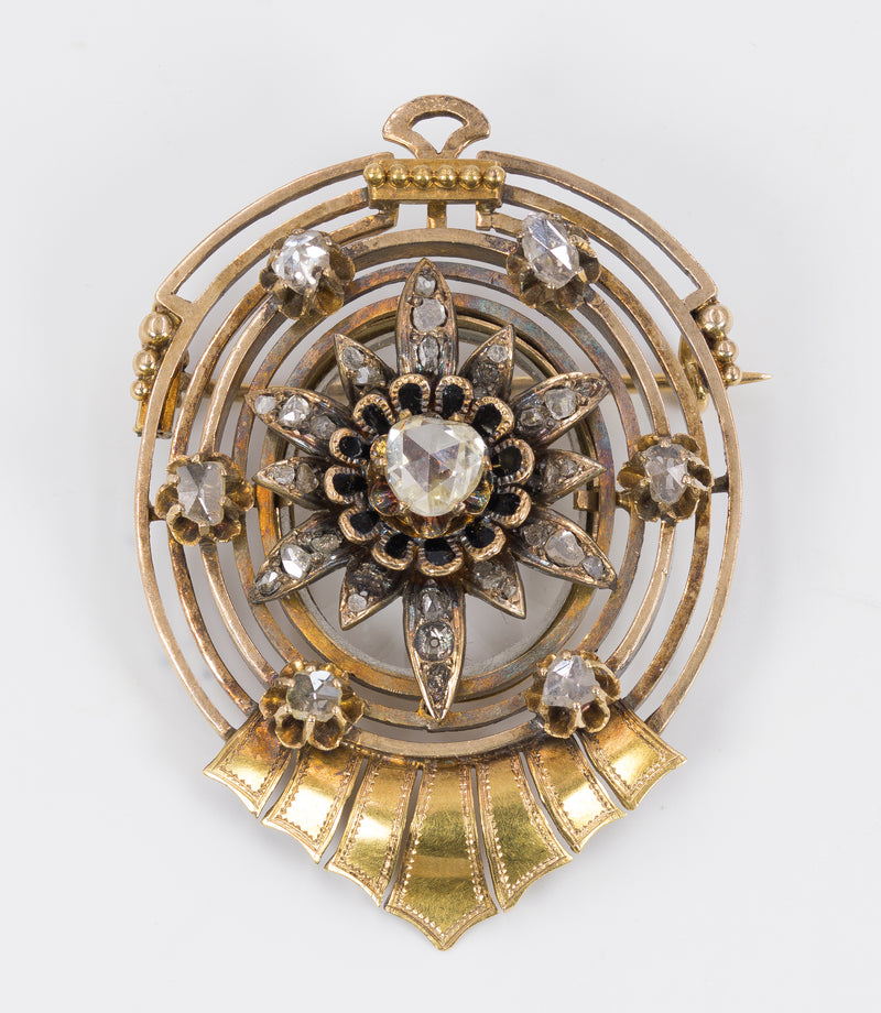 Antique 18k gold brooch with diamond rosettes, late 19th century