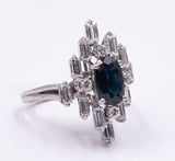 Vintage 18k white gold ring with central sapphire (2ct) and diamonds (1.4ct), 70s