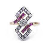 Art Decò ring in 14k gold and silver with diamonds and rubies, 30s