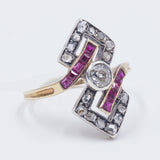 Art Decò ring in 14k gold and silver with diamonds and rubies, 30s