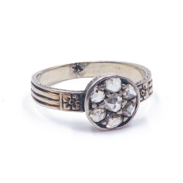 Anello in oro 14k e argento con diamanti taglio rosa, primi del'900