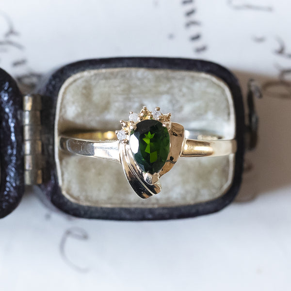 Anello vintage in oro 8K con cromodiopside verde e diamanti, anni '70/'80
