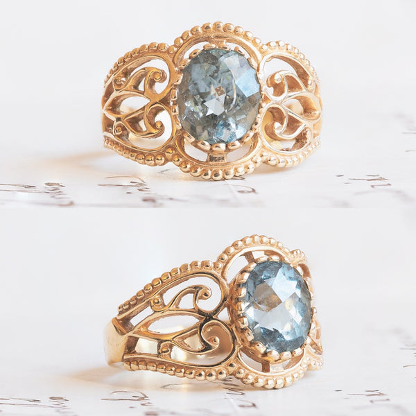 Anello vintage in oro 14K con acquamarina, anni '50