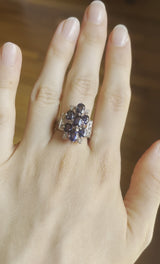 Vintage 18K white gold ring with synthetic sapphires (approx. 4ctw) and diamonds (approx. 0.10ctw), 70s