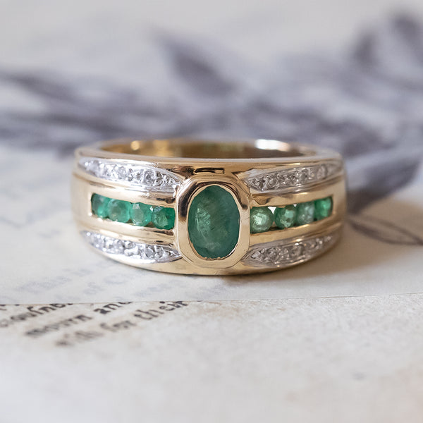 Anello a fascia vintage in oro 14K con smeraldi e diamanti, anni '60
