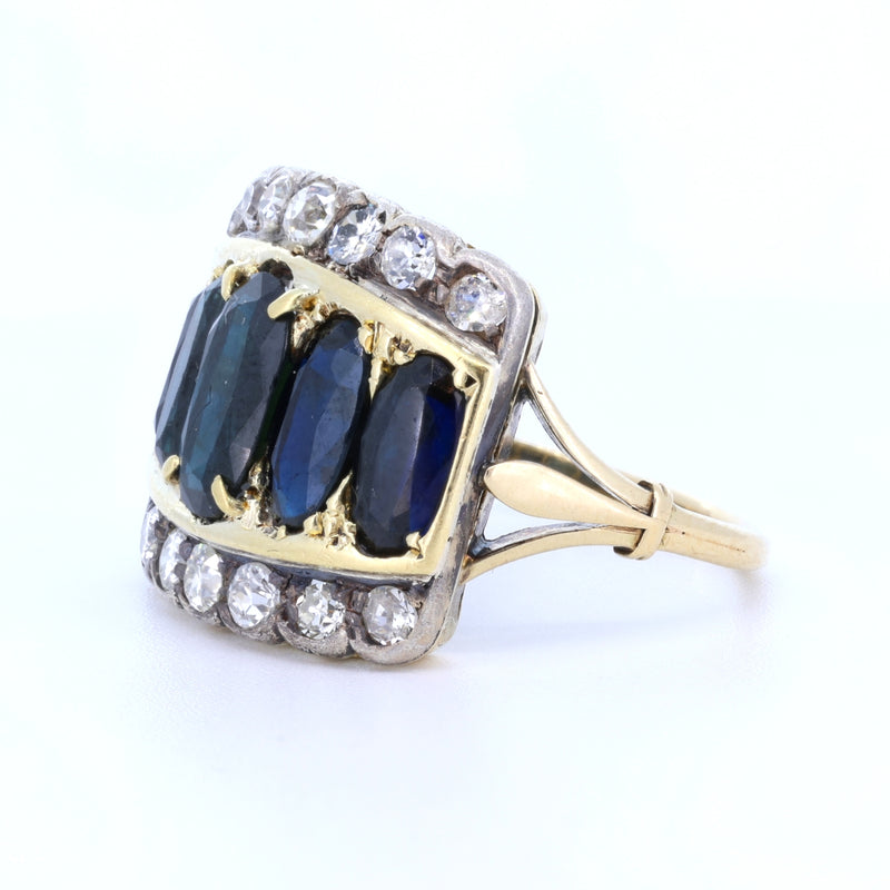 Antique ring in 18K gold and silver with old cut sapphires and diamonds, 1940s