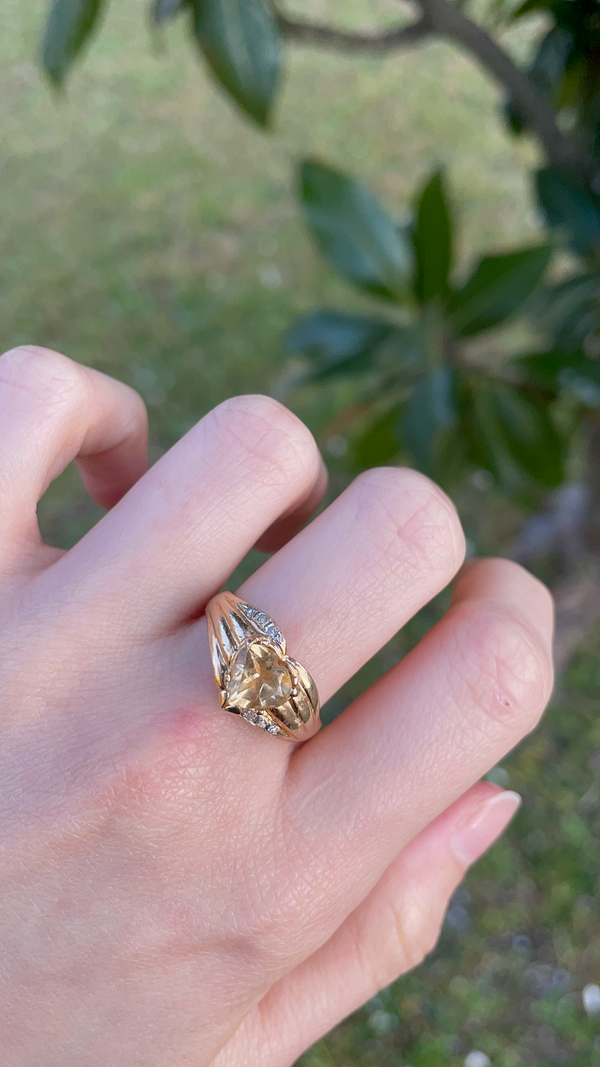 Anello vintage in oro 14K con cuore di quarzo e diamanti, anni '70