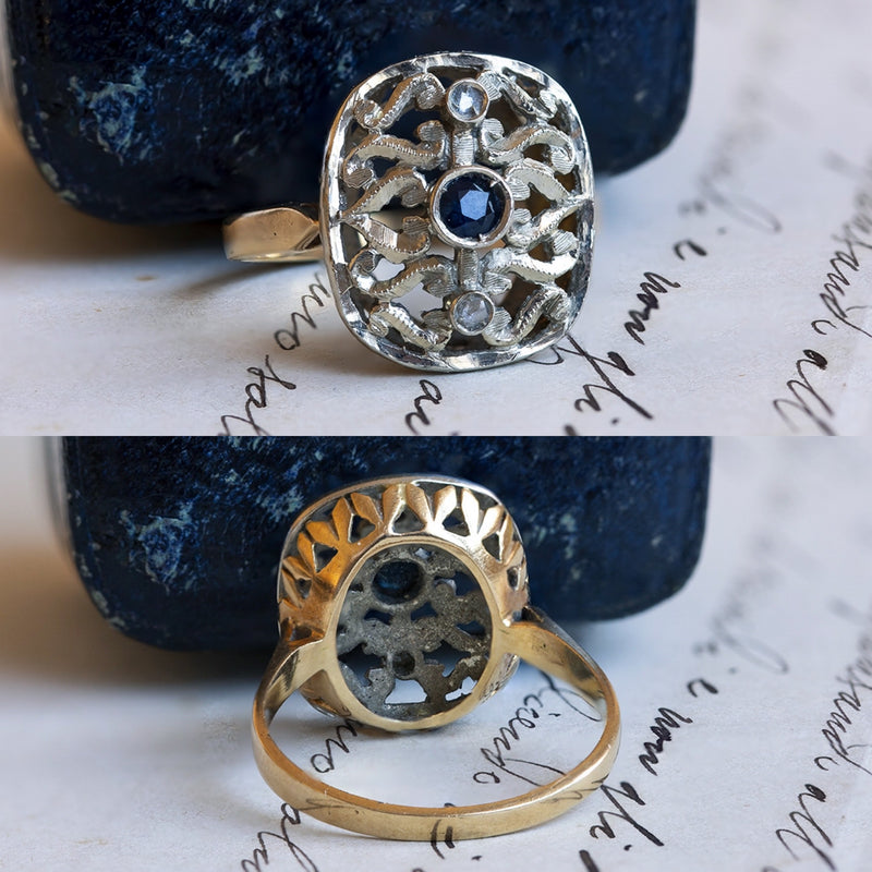Anello vintage in oro 18K con topazio centrale e diamanti, anni '40/'50