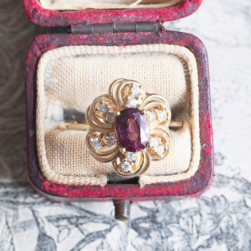 Anello vintage in oro 14K con tormalina e diamanti, anni '60