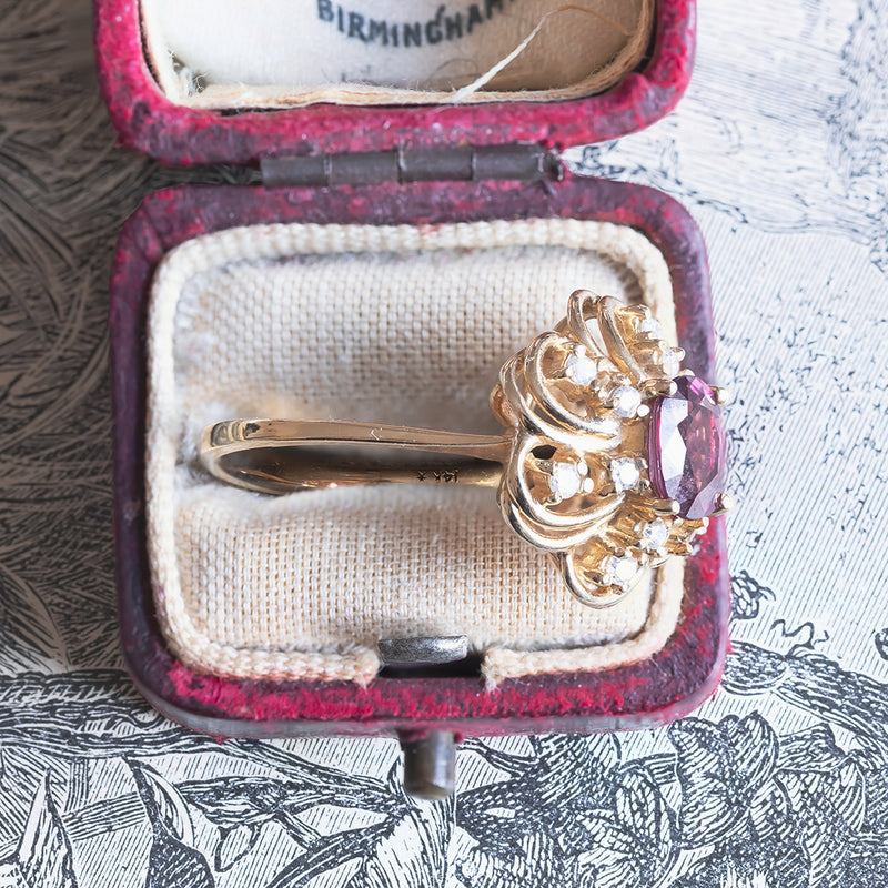 Anello vintage in oro 14K con tormalina e diamanti, anni '60