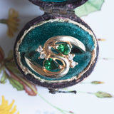 Anello vintage in oro 14K con pietre verdi e diamanti, anni '60/'70