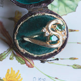 Anello vintage in oro 14K con pietre verdi e diamanti, anni '60/'70