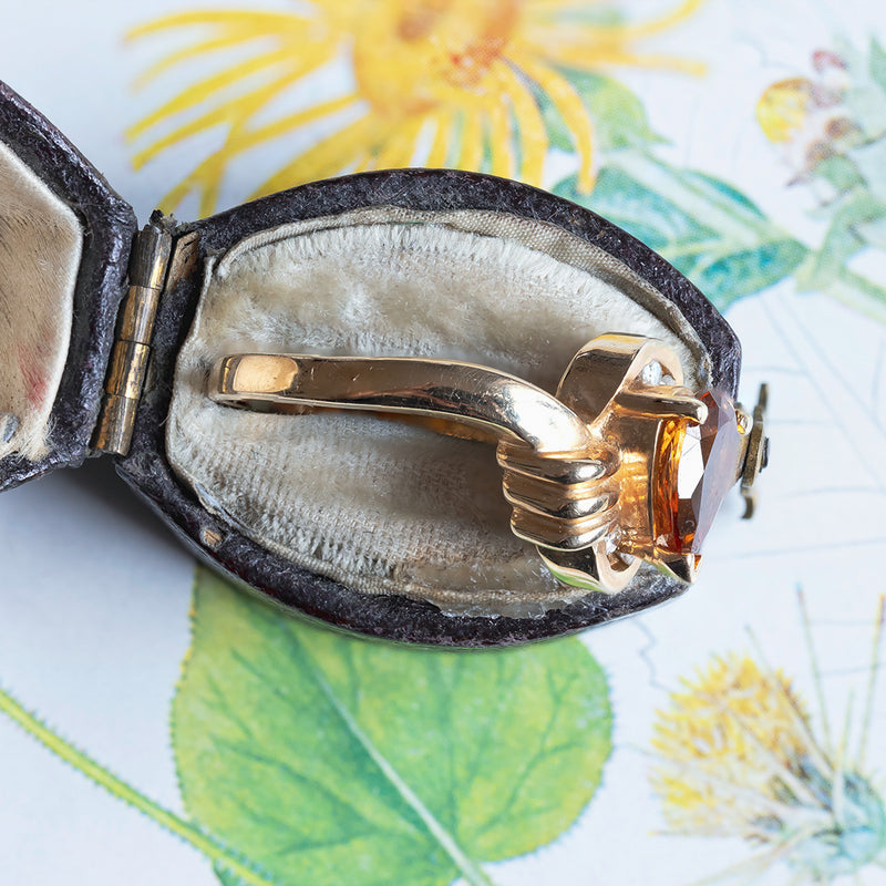 Anello vintage in oro 14K con topazio giallo e diamanti, anni '70