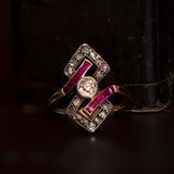 Art Deco ring in 14K gold and silver with diamonds and rubies, 1930s