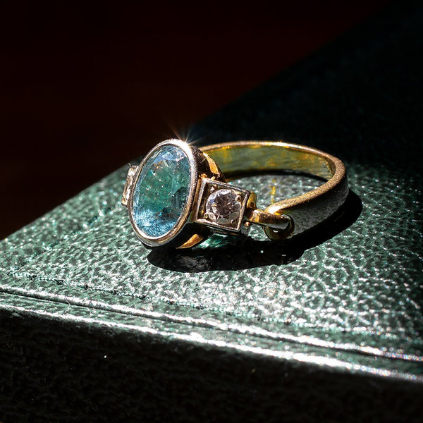 Anello vintage in oro 18K con acquamarina e diamanti, anni '70 - Antichità Galliera