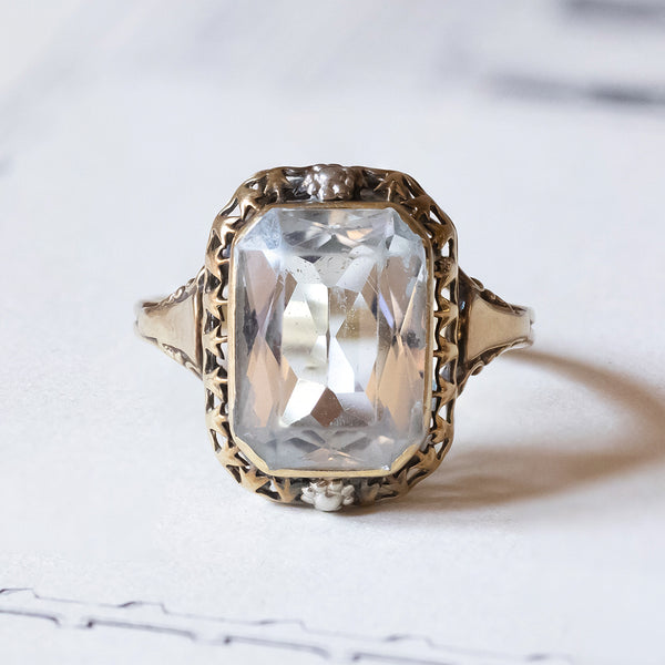 Bague Art Nouveau en or 14 carats et argent avec aigue-marine (3 carats env.), années 1920