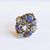 Antique 18K gold ring with rosette cut diamonds and sapphires, 30s