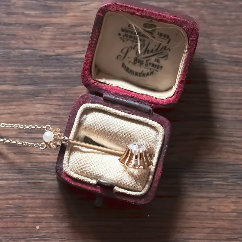 Collier vintage en or 14 carats avec perle et diamant taille ancienne (0,50 ct environ), années 1950