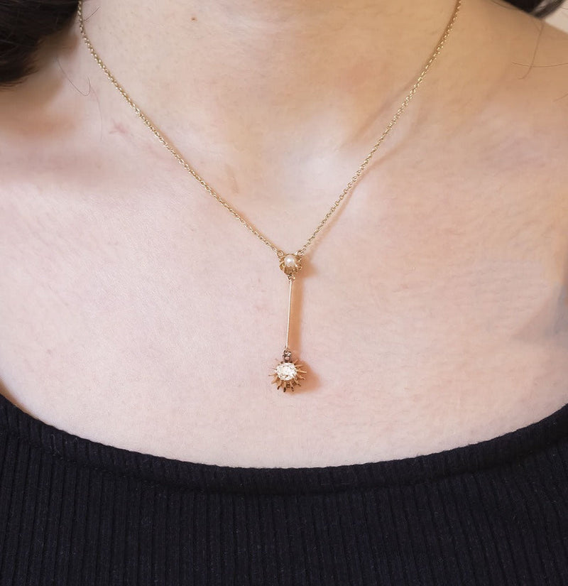 Vintage 14K gold necklace with pearl and old cut diamond (0.50ct approx.), 1950s