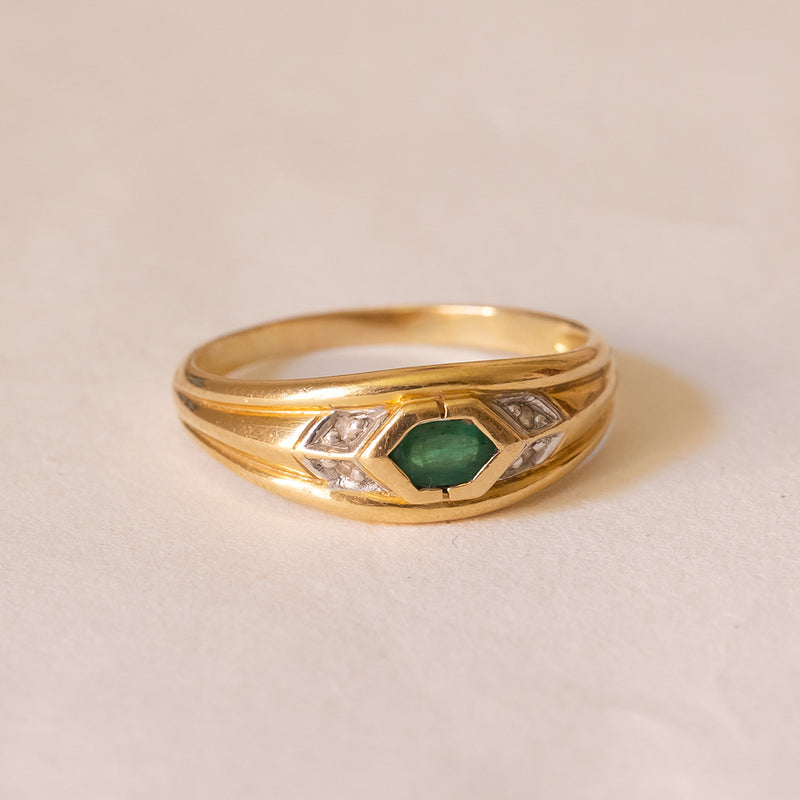 Anello a fascia in oro 18K con smeraldo, anni '60/'70