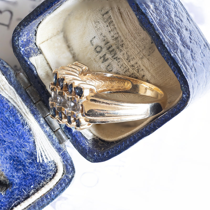 Anello vintage in oro 14K con zaffiri e diamanti, anni '50/'60