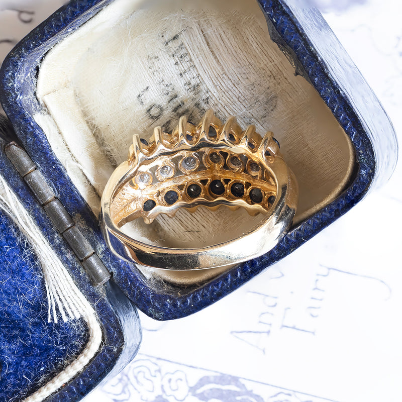 Anello vintage in oro 14K con zaffiri e diamanti, anni '50/'60