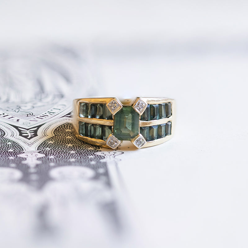 Anello vintage in oro 14K con topazi verdi e diamanti, anni '60/'70