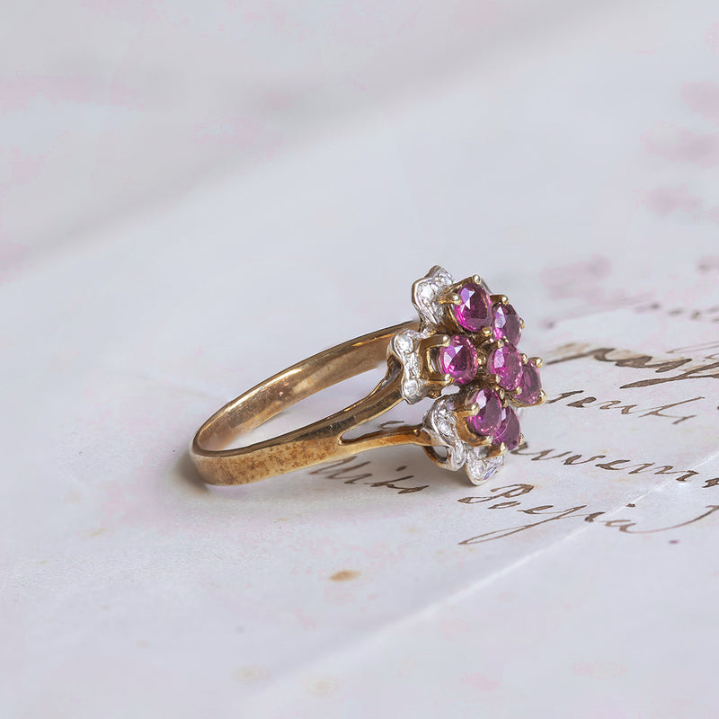 Anello vintage in oro 14K con diamanti e topazi rosa, anni '60
