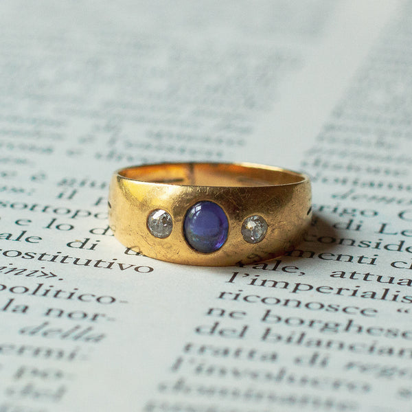 Vintage "Gypsy" ring in 18K gold with sapphire and diamonds, 1950s / 60s