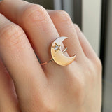 Crescent ring converted from an 18K gold pin with a rosette cut diamond