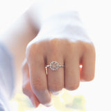 Daisy ring with central pink coroné cut diamond and brilliant cut diamonds