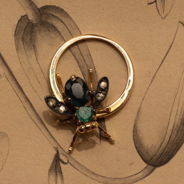 Vintage 12K gold fly ring with diamonds, sapphire and emerald, 1950s