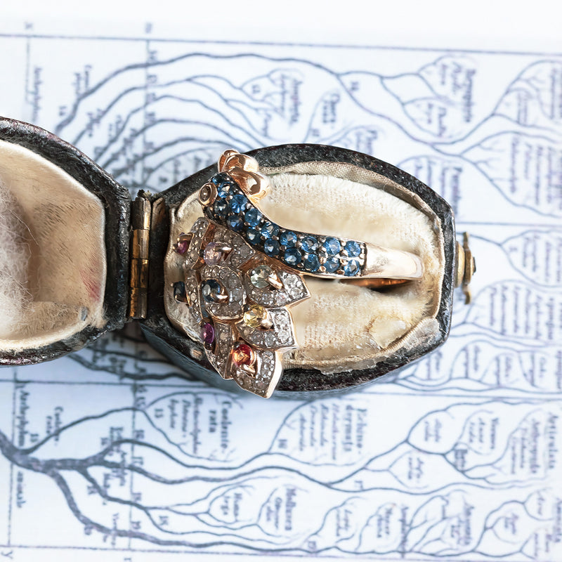 Anello vintage in oro 14K con diamanti e pietre colorate, anni '70