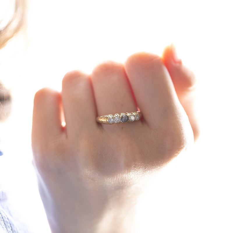 Antique 14K gold riviera ring with black bead and old cut diamonds (0.20ctw approx.), Early 1900s