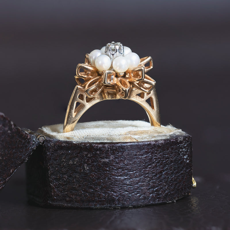 Bague vintage en or 14 carats avec perles et diamant central, années 50/60