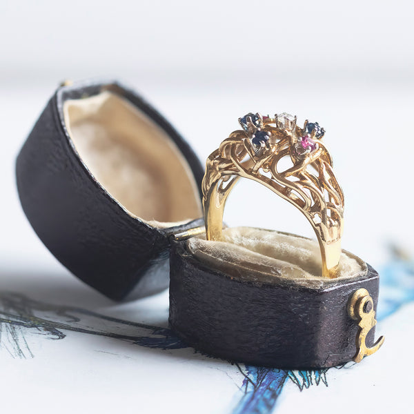 Anello vintage in oro 14K con diamante, zaffiri e rubini, anni '70